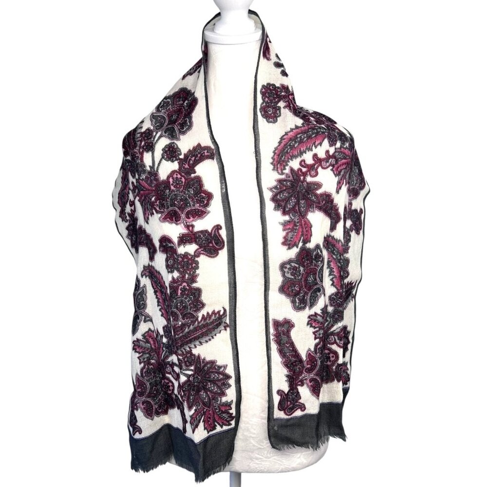 Paisley Floral Scarf Red Black White Vintage Lightweight Rectangle